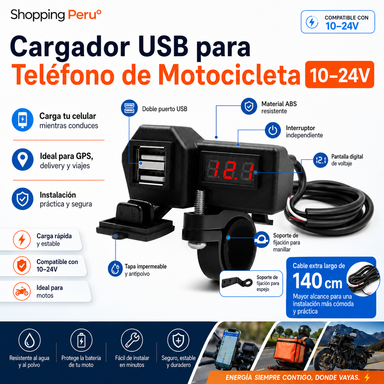 CARGADOR USB PARA TELEFONO DE MOTOCICLETA 10-24V